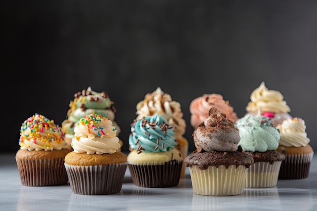 Pile of cupcakes in different flavors with a topper on each created with generative ai