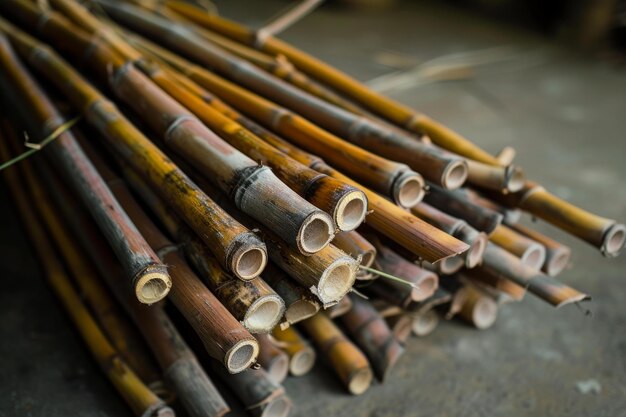 Pile of cut bamboo stalks on ground