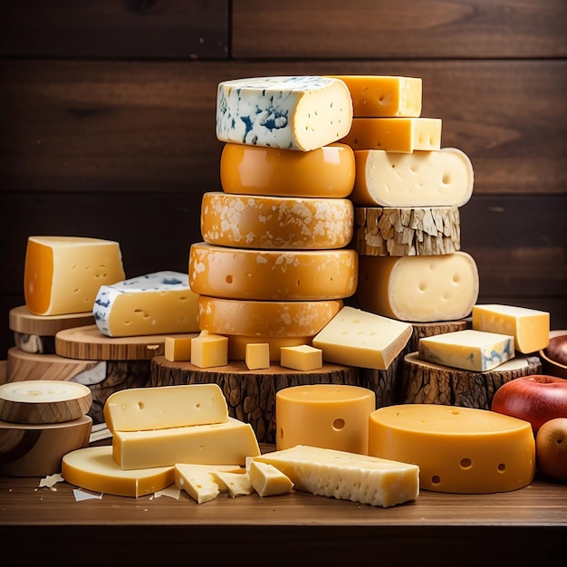 A pile of delicious cheese on wooden table and wood background