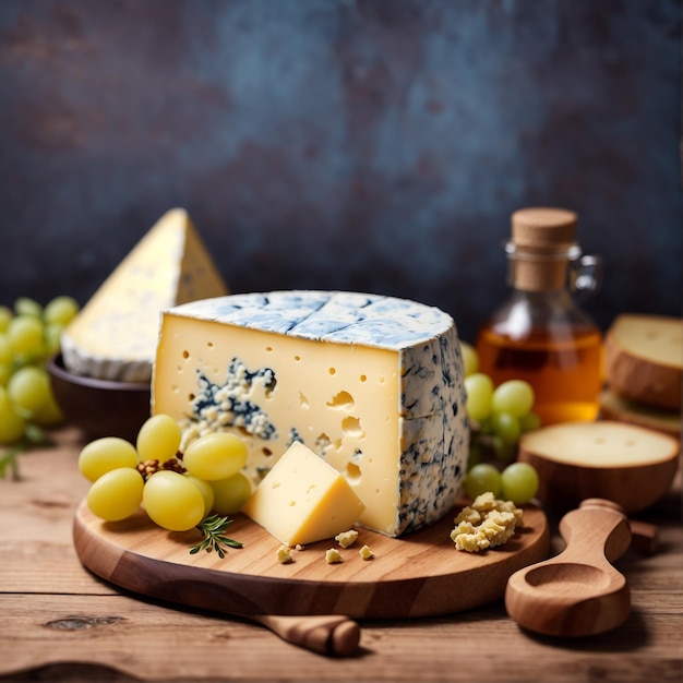 A pile of delicious cheese on wooden table and wood background