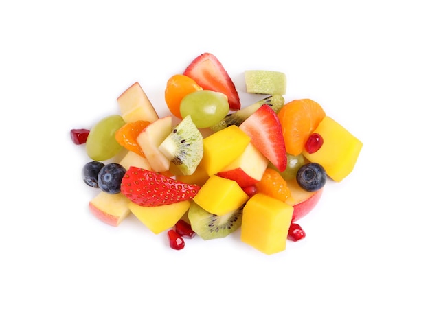 Pile of delicious fruit salad on white background above view