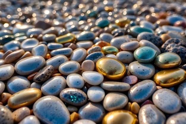 a pile of different colored stones and gold coins