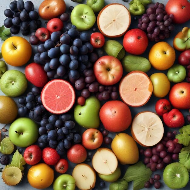 a pile of different fruits including one that has a fruit on it