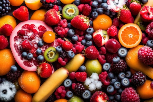 a pile of different fruits including one that has a fruit on it