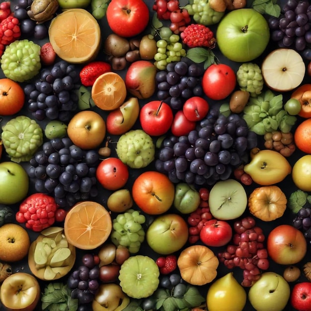 a pile of different fruits including one that has the word fruit on it