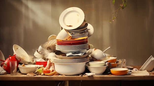 Pile of dishes greasy dirty with some ketchup and mayonnaise mixed Generative AI