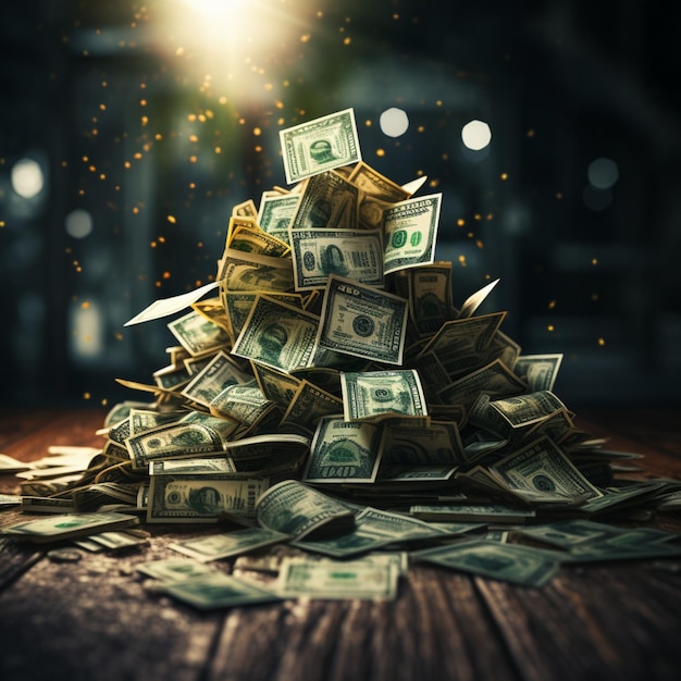 A pile of dollar bills with a green arrow pointing upward in the style of data visualization photorealistic