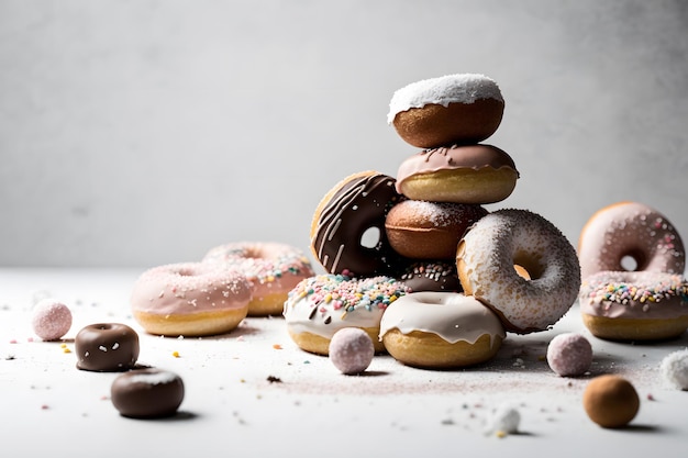 A pile of donuts with one of them has a chocolate glaze and one of them has a chocolate glaze.