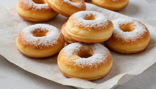 a pile of doughnuts on a paper with a paper towel underneath