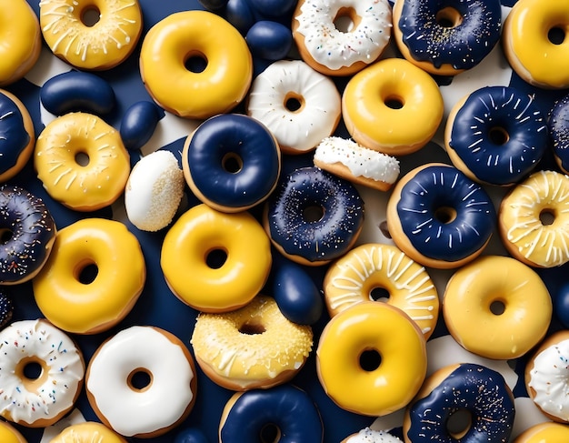 a pile of doughnuts with blue white and yellow