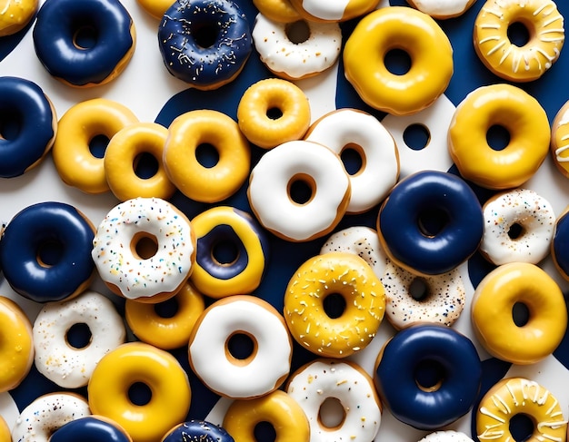 a pile of doughnuts with white and blue frosting