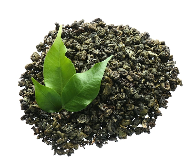 Pile of dried green tea leaves on white background top view