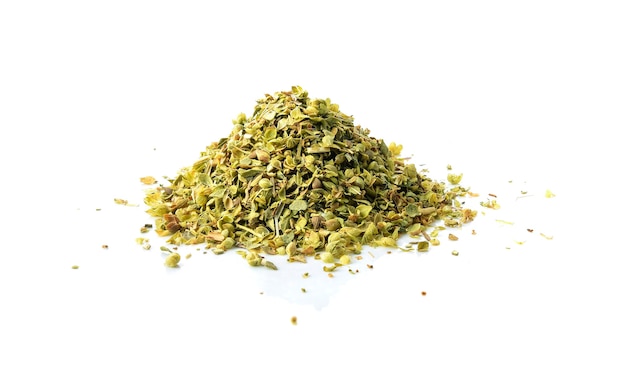 Pile of dried oregano leaves isolated