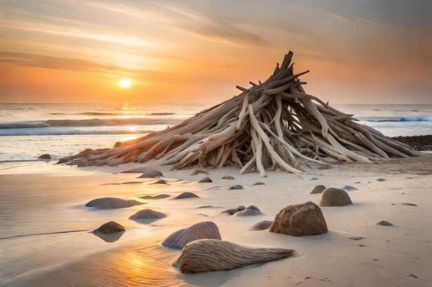 A pile of driftwood is on the beach at sunset.