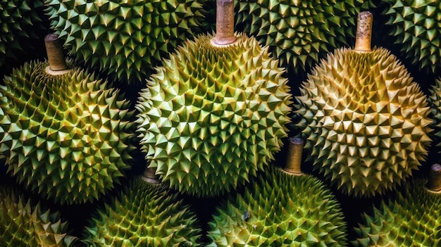 A pile of durian fruit with the word durian on the top.