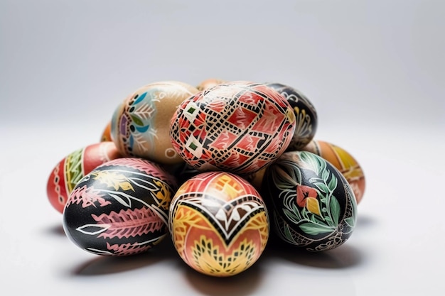 A pile of easter eggs with a pattern of different colors