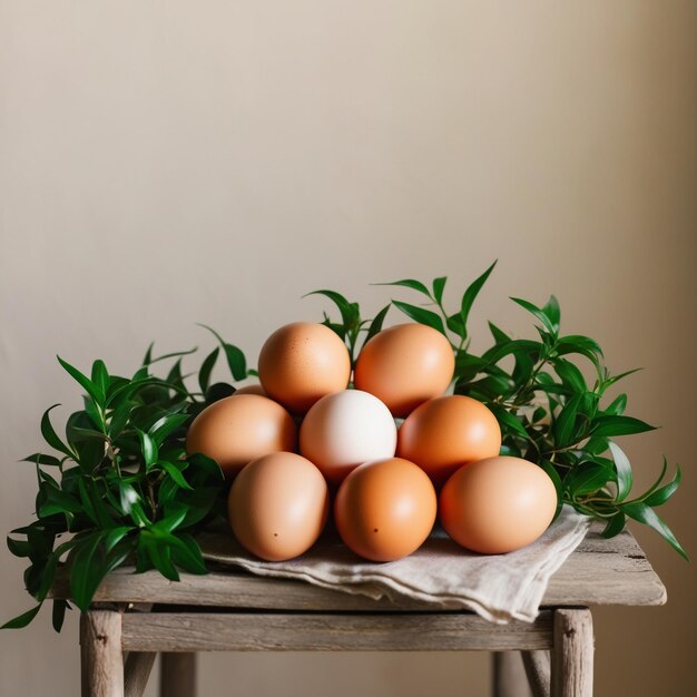 Photo a pile of eggs with leaves on a table