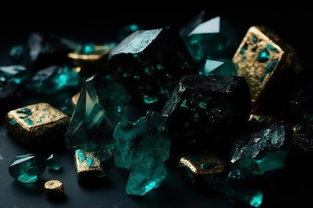 A pile of emeralds with gold and black crystals on a black background.