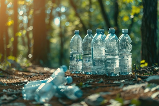 Pile of Empty Plastic Bottles in Forest Environmental Concept