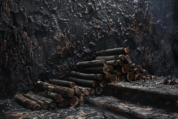 Pile of firewood on a dark background Wooden logs