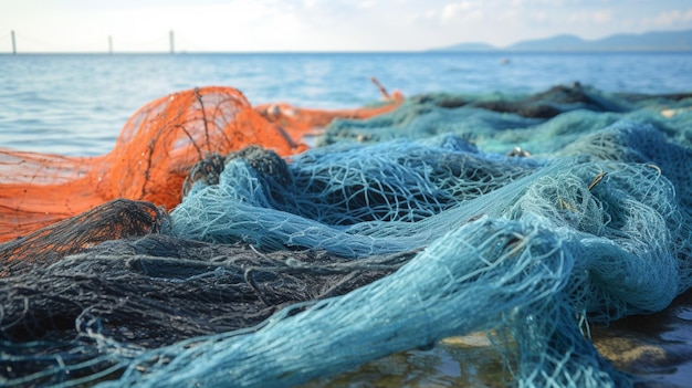 A pile of fishing nets on the beach