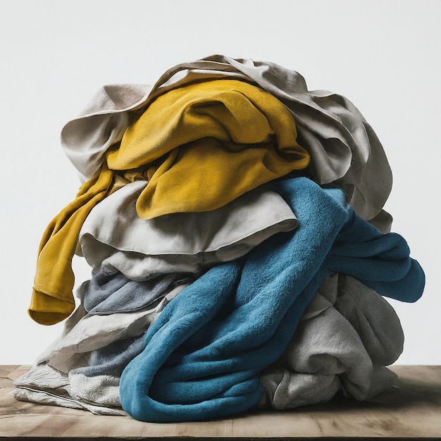 Photo a pile of folded clothes on a table with a yellow shirt on it