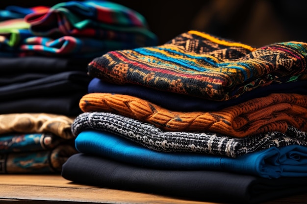 A Pile of Folded Clothes on a Wooden Table