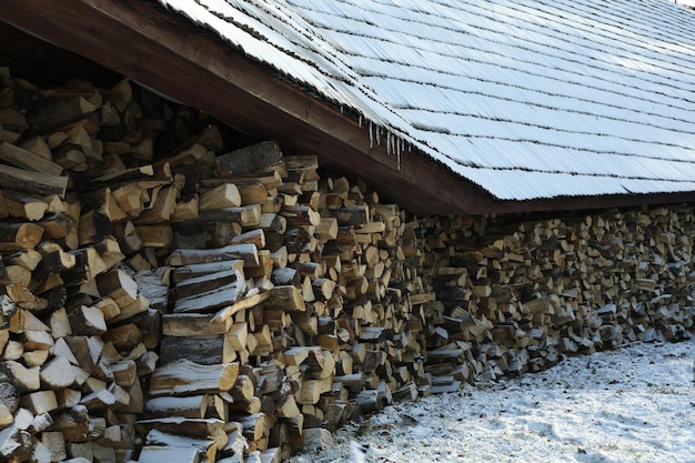 Pile of folded firewood outdoor in winter day