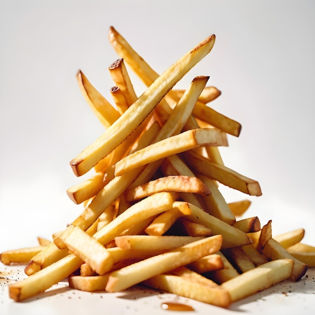 a pile of french fries are stacked on top of each other