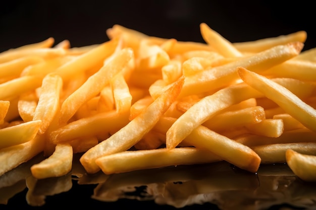 A pile of french fries on a black background.