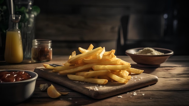 A pile of french fries on a cutting board with a bowl of grated cheese on the side.