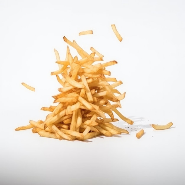 A pile of french fries is falling down on a white background.