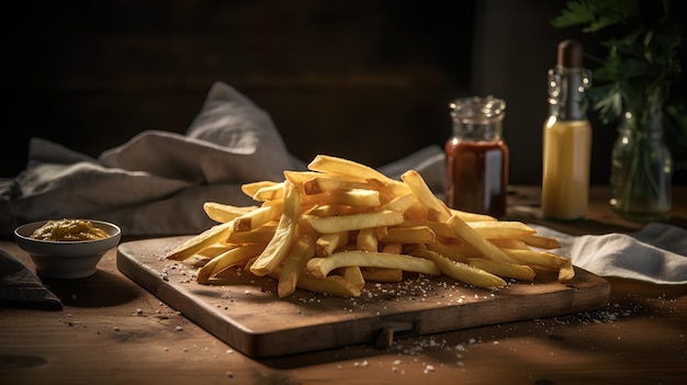 A pile of french fries sits on a cutting board next to a bottle of ketchup.