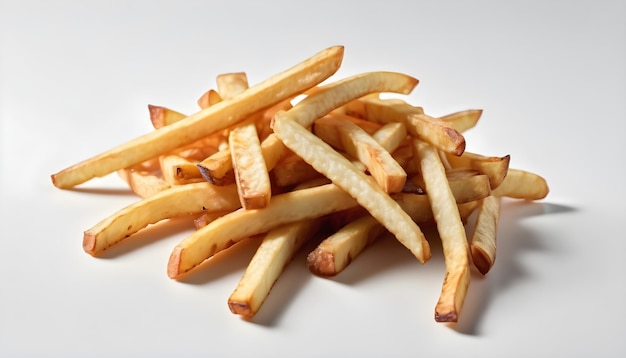 a pile of french fries on a table with a white background