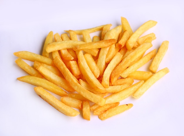 a pile of french fries on white background