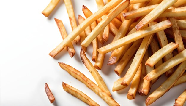 a pile of french fries on a white surface