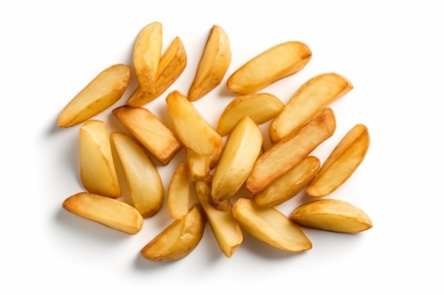 a pile of french fries on a white surface