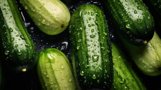 Photo pile of fresh cucumbers with glistening droplets of water advertising photography neural network ai generated