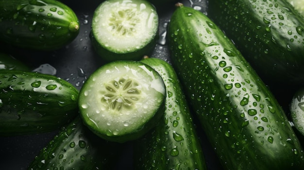 Photo pile of fresh cucumbers with glistening droplets of water advertising photography neural network ai generated