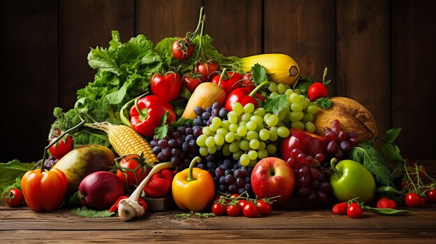 Pile of fresh fruits and vegetables on wooden background