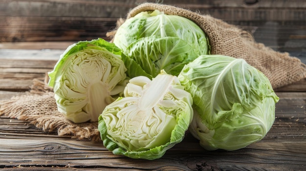 A pile of fresh green cabbage on a wooden background with one sliced in half showing its white center and leaves in a burlap sack