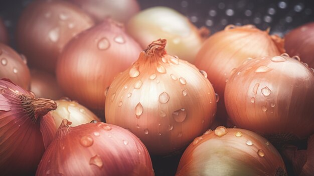 Photo pile of fresh onions with glistening droplets of water advertising photography neural network ai generated