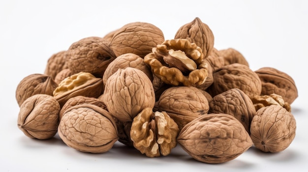 A pile of fresh walnuts on a clean white background Generative ai