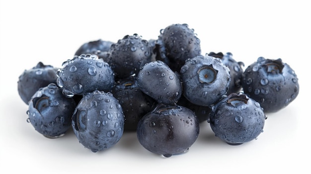 Pile of fresh wet blueberries isolated on a white background showcasing natural vibrant blue color