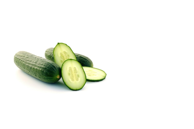 A pile of fresh whole and sliced green cucumbers isolated on white background with copy space