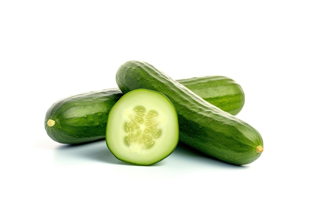 A pile of fresh whole and sliced green cucumbers isolated on white background