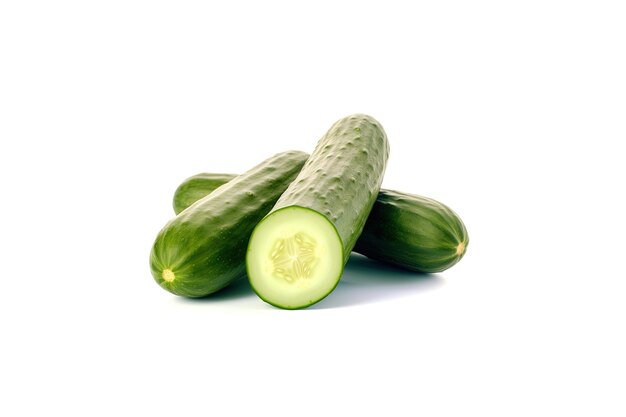 A pile of fresh whole and sliced green cucumbers isolated on white background