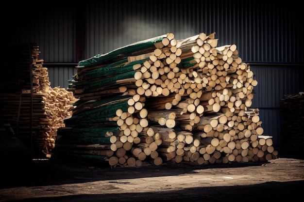 Pile of freshly cut and stacked pulpwood ready to be processed into paper created with generative ai