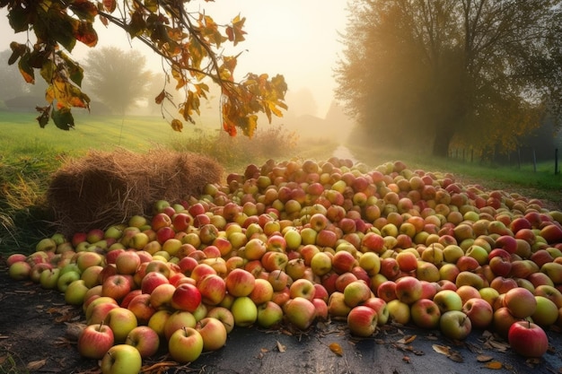 Pile of freshly picked apples on misty autumn morning created with generative ai