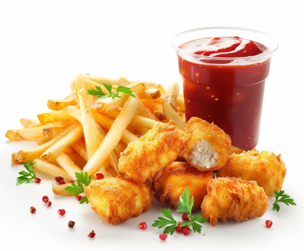 Photo pile of fried food with cup of ketchup